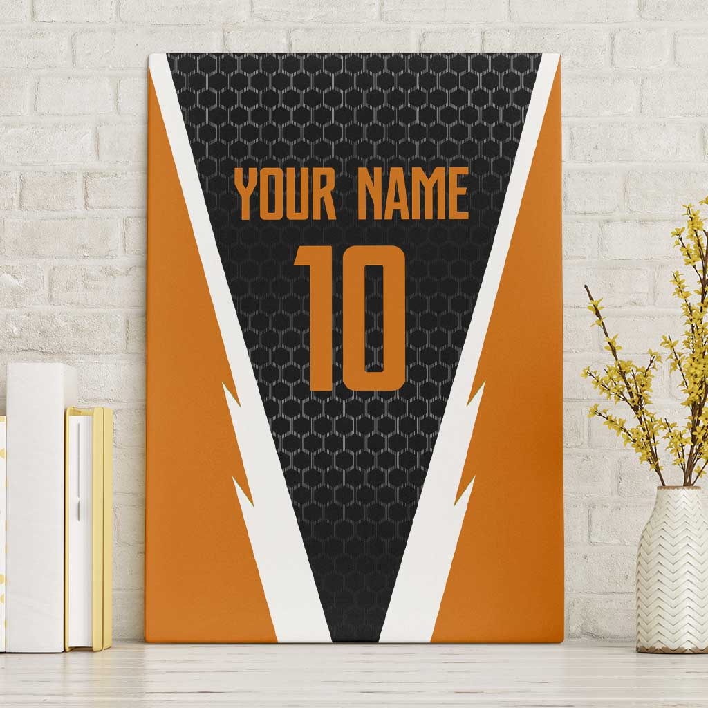 Bass Fishing Canvas Wall Art Jumping Largemouth Fish on Black Hex Pattern and Orange White Lightning Accents - Wonder Print Shop