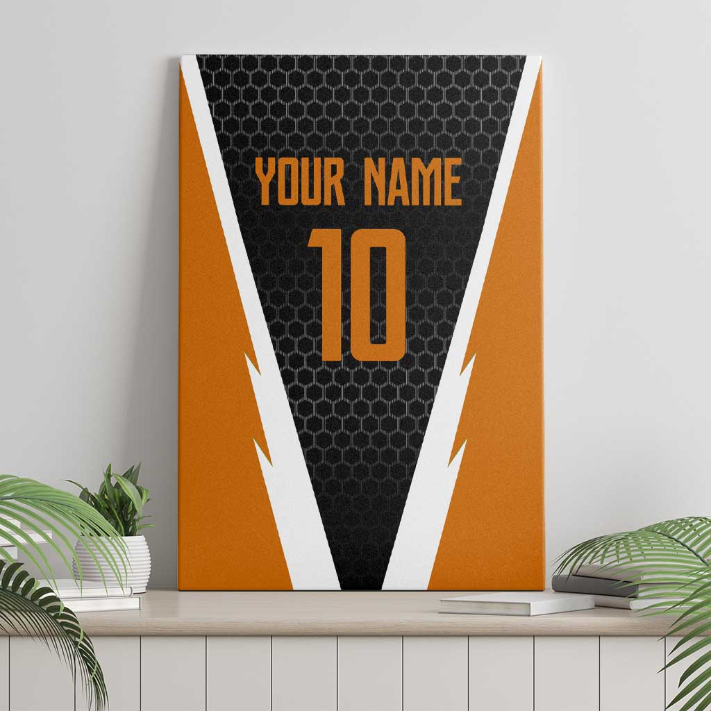 Bass Fishing Canvas Wall Art Jumping Largemouth Fish on Black Hex Pattern and Orange White Lightning Accents - Wonder Print Shop