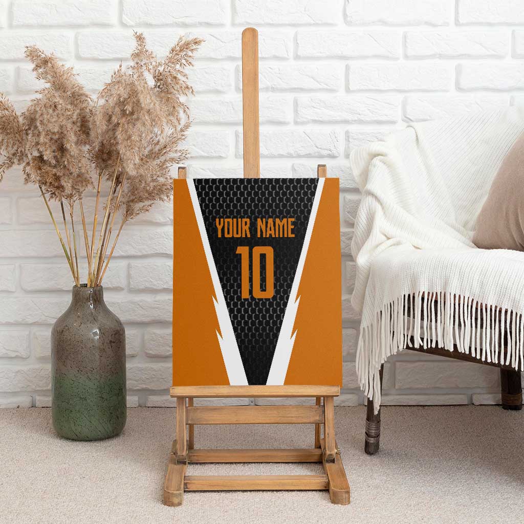 Bass Fishing Canvas Wall Art Jumping Largemouth Fish on Black Hex Pattern and Orange White Lightning Accents - Wonder Print Shop