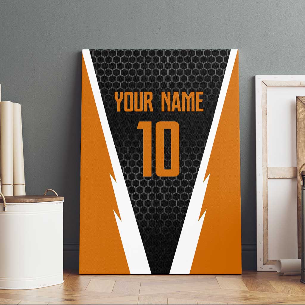 Bass Fishing Canvas Wall Art Jumping Largemouth Fish on Black Hex Pattern and Orange White Lightning Accents - Wonder Print Shop