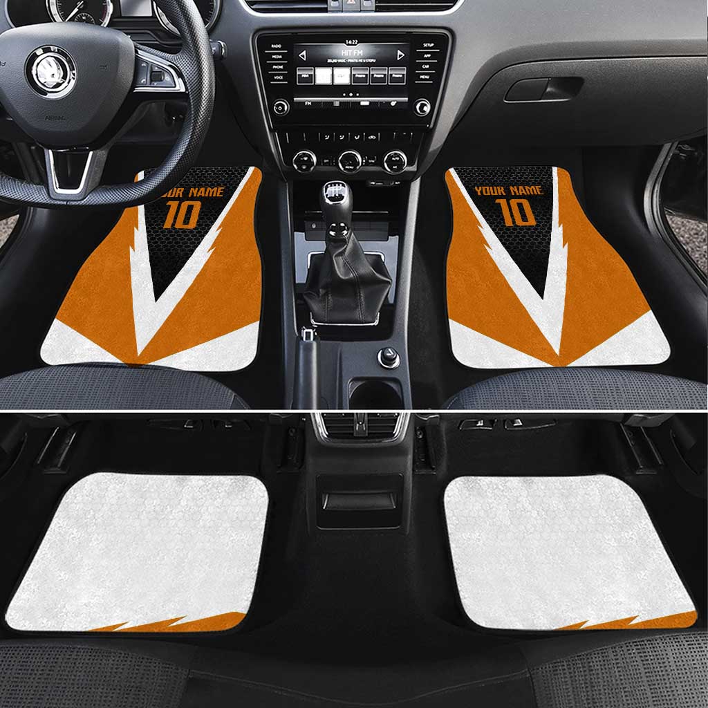Bass Fishing Car Mats Jumping Largemouth Fish on Black Hex Pattern and Orange White Lightning Accents - Wonder Print Shop