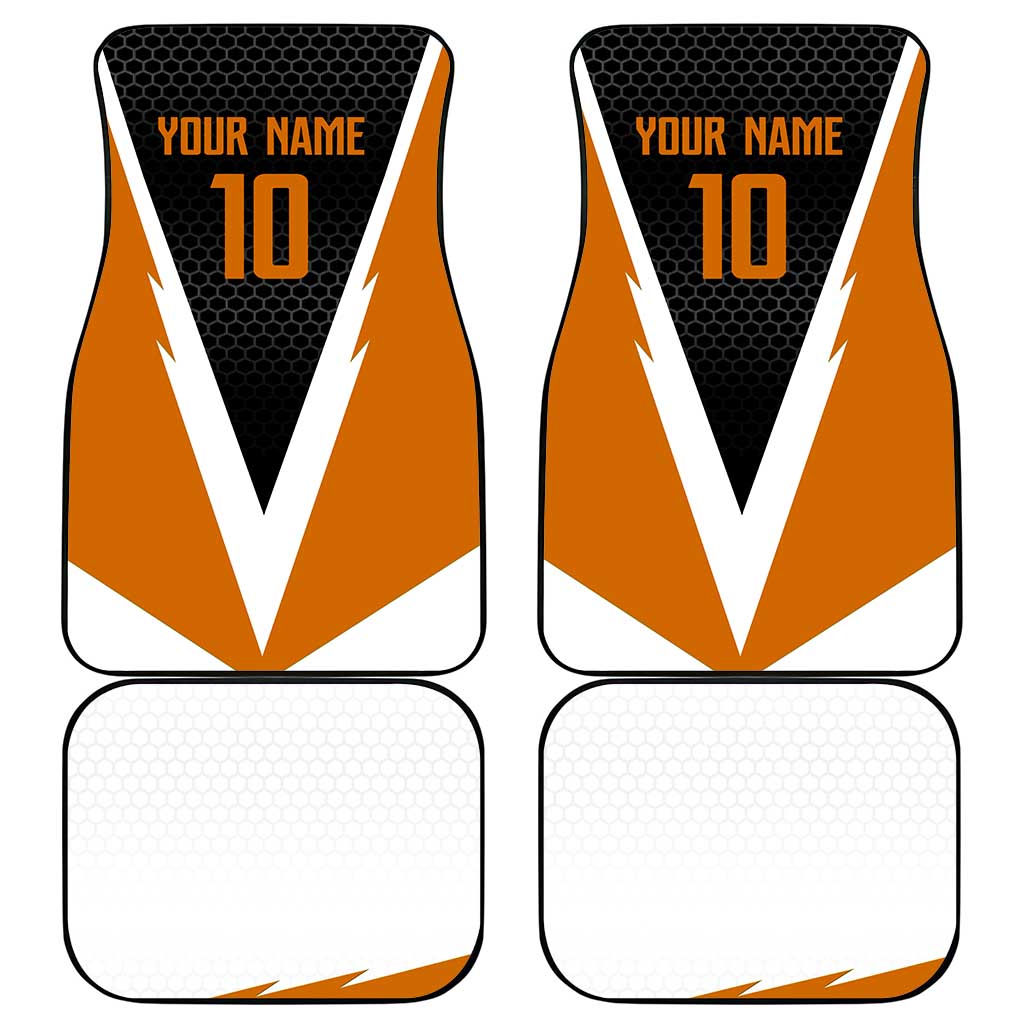 Bass Fishing Car Mats Jumping Largemouth Fish on Black Hex Pattern and Orange White Lightning Accents - Wonder Print Shop