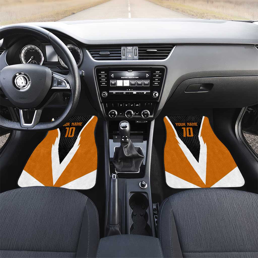 Bass Fishing Car Mats Jumping Largemouth Fish on Black Hex Pattern and Orange White Lightning Accents - Wonder Print Shop