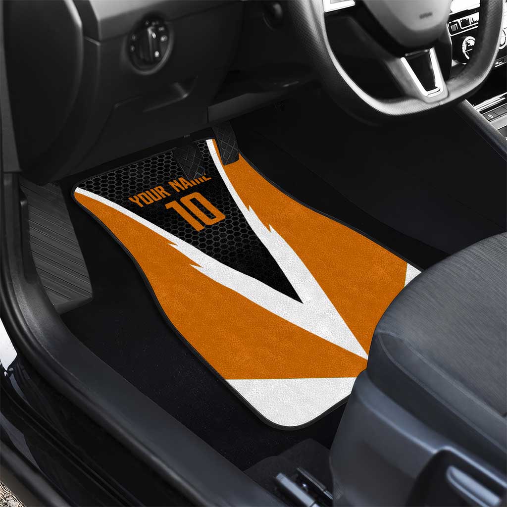 Bass Fishing Car Mats Jumping Largemouth Fish on Black Hex Pattern and Orange White Lightning Accents - Wonder Print Shop