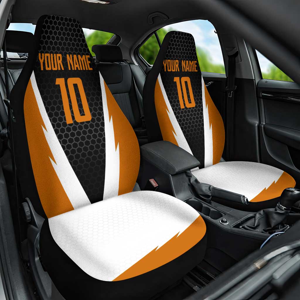 Bass Fishing Car Seat Cover Jumping Largemouth Fish on Black Hex Pattern and Orange White Lightning Accents - Wonder Print Shop