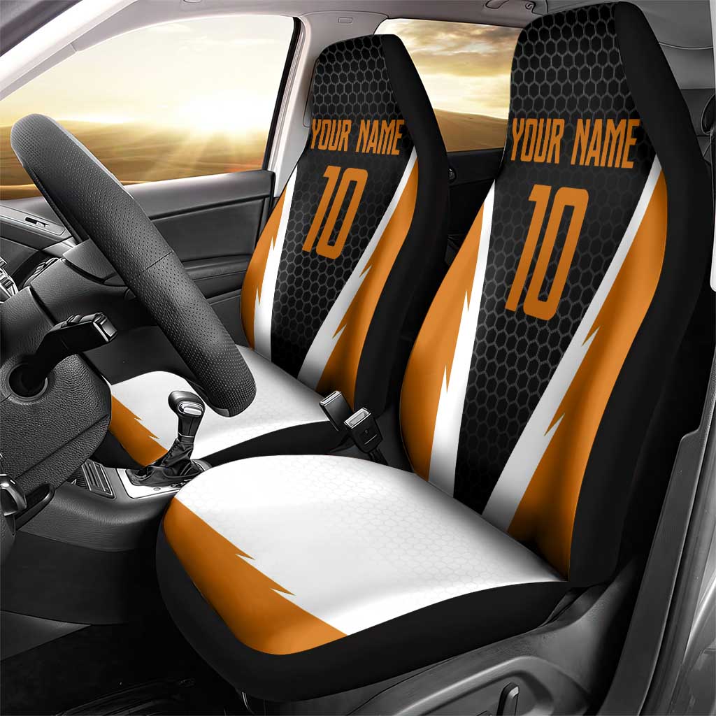 Bass Fishing Car Seat Cover Jumping Largemouth Fish on Black Hex Pattern and Orange White Lightning Accents - Wonder Print Shop