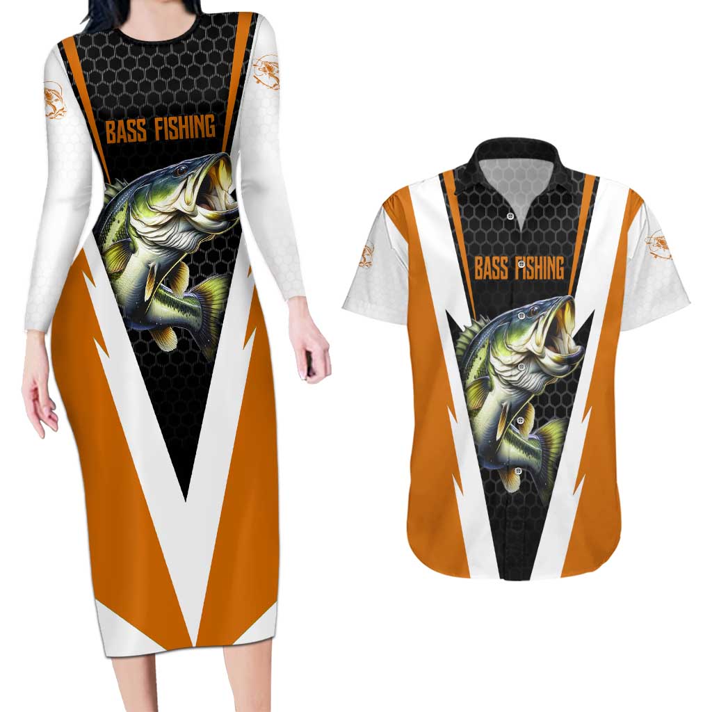 Bass Fishing Couples Matching Long Sleeve Bodycon Dress and Hawaiian Shirt Jumping Largemouth Fish on Black Hex Pattern and Orange White Lightning Accents - Wonder Print Shop