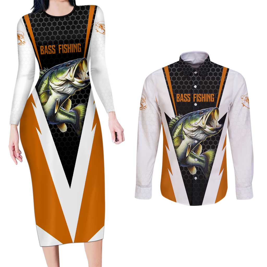 Bass Fishing Couples Matching Long Sleeve Bodycon Dress and Long Sleeve Button Shirt Jumping Largemouth Fish on Black Hex Pattern and Orange White Lightning Accents - Wonder Print Shop