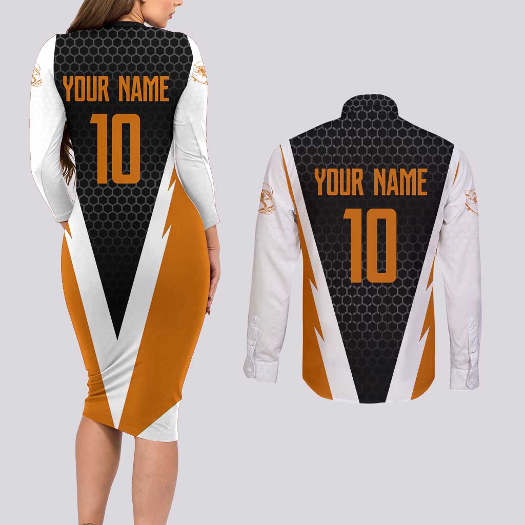 Bass Fishing Couples Matching Long Sleeve Bodycon Dress and Long Sleeve Button Shirt Jumping Largemouth Fish on Black Hex Pattern and Orange White Lightning Accents - Wonder Print Shop
