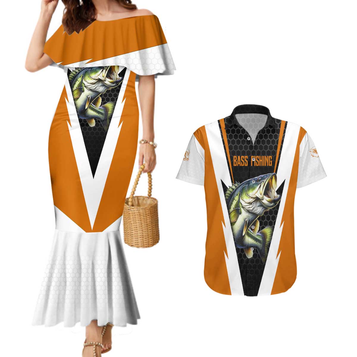 Bass Fishing Couples Matching Mermaid Dress and Hawaiian Shirt Jumping Largemouth Fish on Black Hex Pattern and Orange White Lightning Accents - Wonder Print Shop