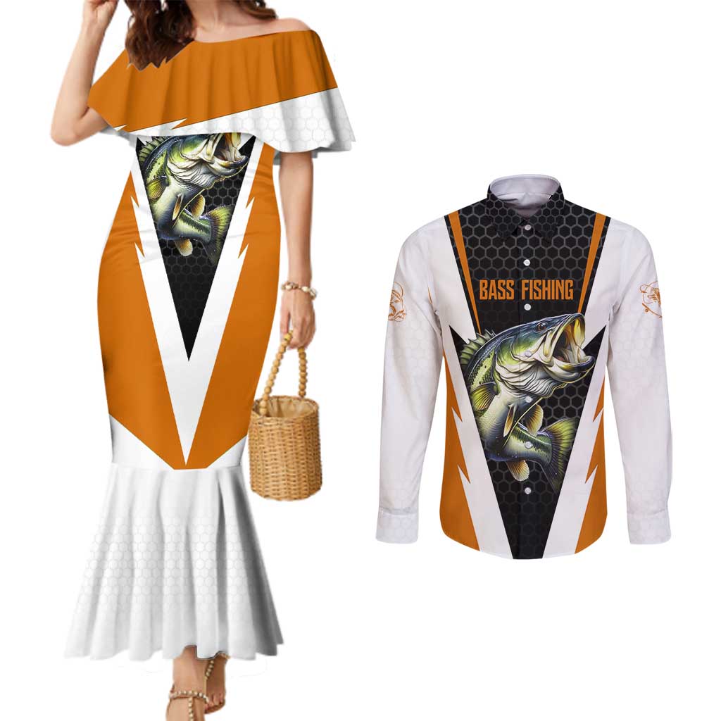 Bass Fishing Couples Matching Mermaid Dress and Long Sleeve Button Shirt Jumping Largemouth Fish on Black Hex Pattern and Orange White Lightning Accents - Wonder Print Shop