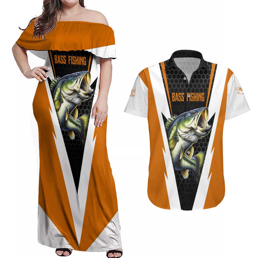Bass Fishing Couples Matching Off Shoulder Maxi Dress and Hawaiian Shirt Jumping Largemouth Fish on Black Hex Pattern and Orange White Lightning Accents - Wonder Print Shop