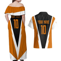 Bass Fishing Couples Matching Off Shoulder Maxi Dress and Hawaiian Shirt Jumping Largemouth Fish on Black Hex Pattern and Orange White Lightning Accents - Wonder Print Shop