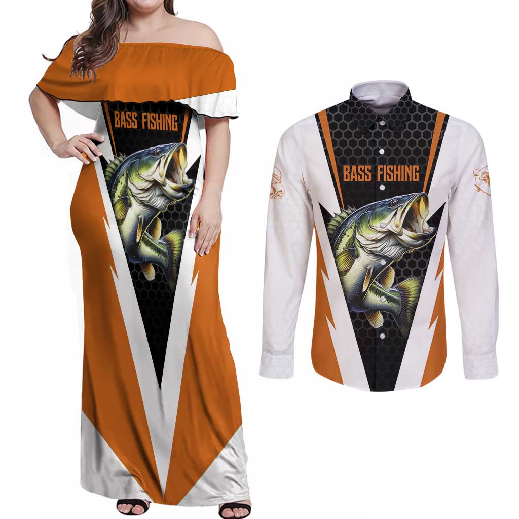 Bass Fishing Couples Matching Off Shoulder Maxi Dress and Long Sleeve Button Shirt Jumping Largemouth Fish on Black Hex Pattern and Orange White Lightning Accents - Wonder Print Shop