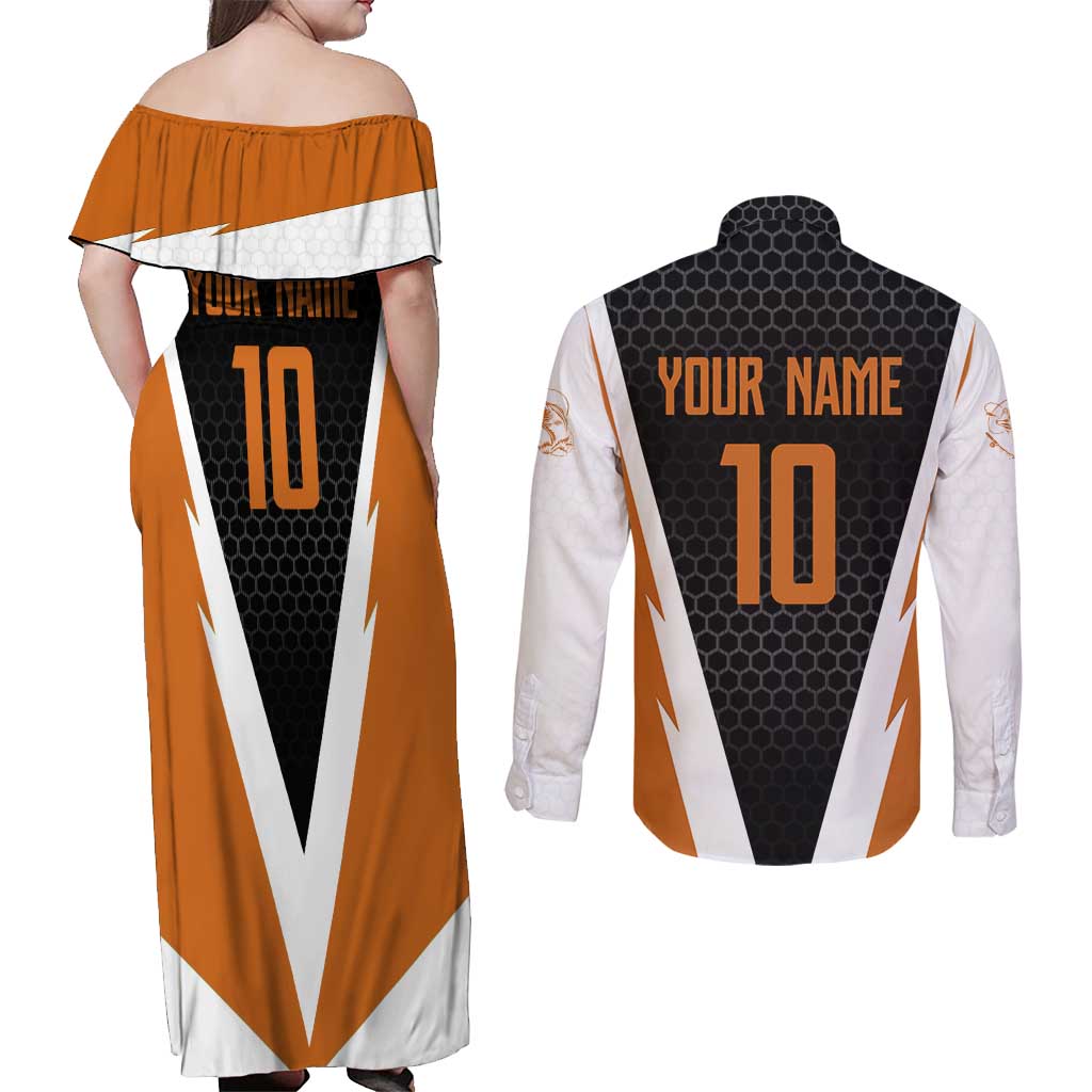 Bass Fishing Couples Matching Off Shoulder Maxi Dress and Long Sleeve Button Shirt Jumping Largemouth Fish on Black Hex Pattern and Orange White Lightning Accents - Wonder Print Shop