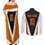 Bass Fishing Couples Matching Off Shoulder Maxi Dress and Long Sleeve Button Shirt Jumping Largemouth Fish on Black Hex Pattern and Orange White Lightning Accents - Wonder Print Shop