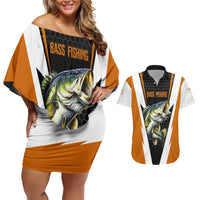 Bass Fishing Couples Matching Off Shoulder Short Dress and Hawaiian Shirt Jumping Largemouth Fish on Black Hex Pattern and Orange White Lightning Accents - Wonder Print Shop