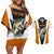 Bass Fishing Couples Matching Off Shoulder Short Dress and Hawaiian Shirt Jumping Largemouth Fish on Black Hex Pattern and Orange White Lightning Accents - Wonder Print Shop