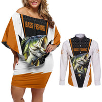 Bass Fishing Couples Matching Off Shoulder Short Dress and Long Sleeve Button Shirt Jumping Largemouth Fish on Black Hex Pattern and Orange White Lightning Accents - Wonder Print Shop