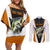 Bass Fishing Couples Matching Off Shoulder Short Dress and Long Sleeve Button Shirt Jumping Largemouth Fish on Black Hex Pattern and Orange White Lightning Accents - Wonder Print Shop