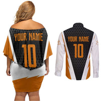 Bass Fishing Couples Matching Off Shoulder Short Dress and Long Sleeve Button Shirt Jumping Largemouth Fish on Black Hex Pattern and Orange White Lightning Accents - Wonder Print Shop
