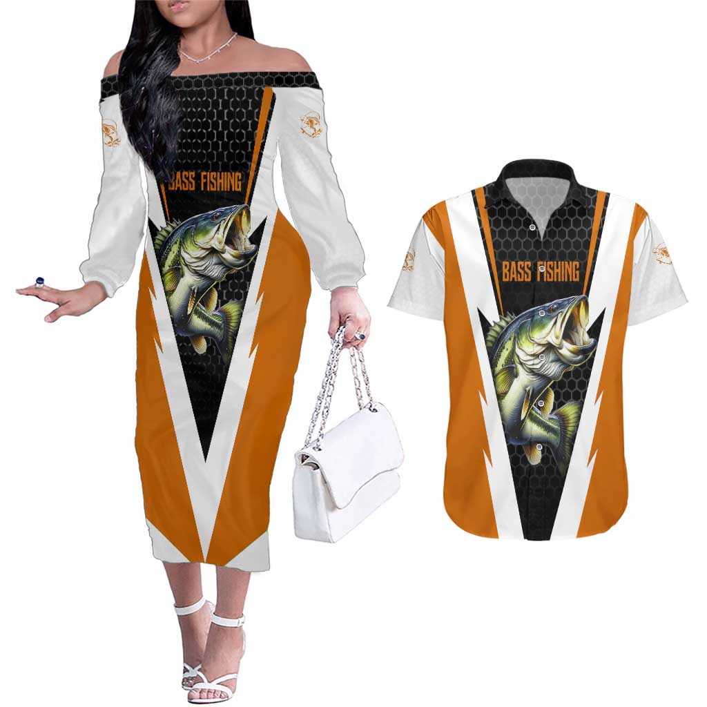 Bass Fishing Couples Matching Off The Shoulder Long Sleeve Dress and Hawaiian Shirt Jumping Largemouth Fish on Black Hex Pattern and Orange White Lightning Accents - Wonder Print Shop
