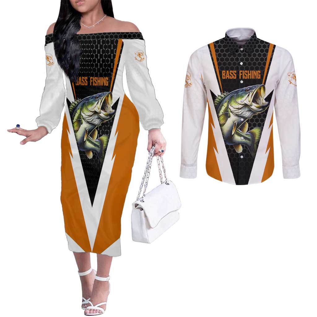Bass Fishing Couples Matching Off The Shoulder Long Sleeve Dress and Long Sleeve Button Shirt Jumping Largemouth Fish on Black Hex Pattern and Orange White Lightning Accents - Wonder Print Shop