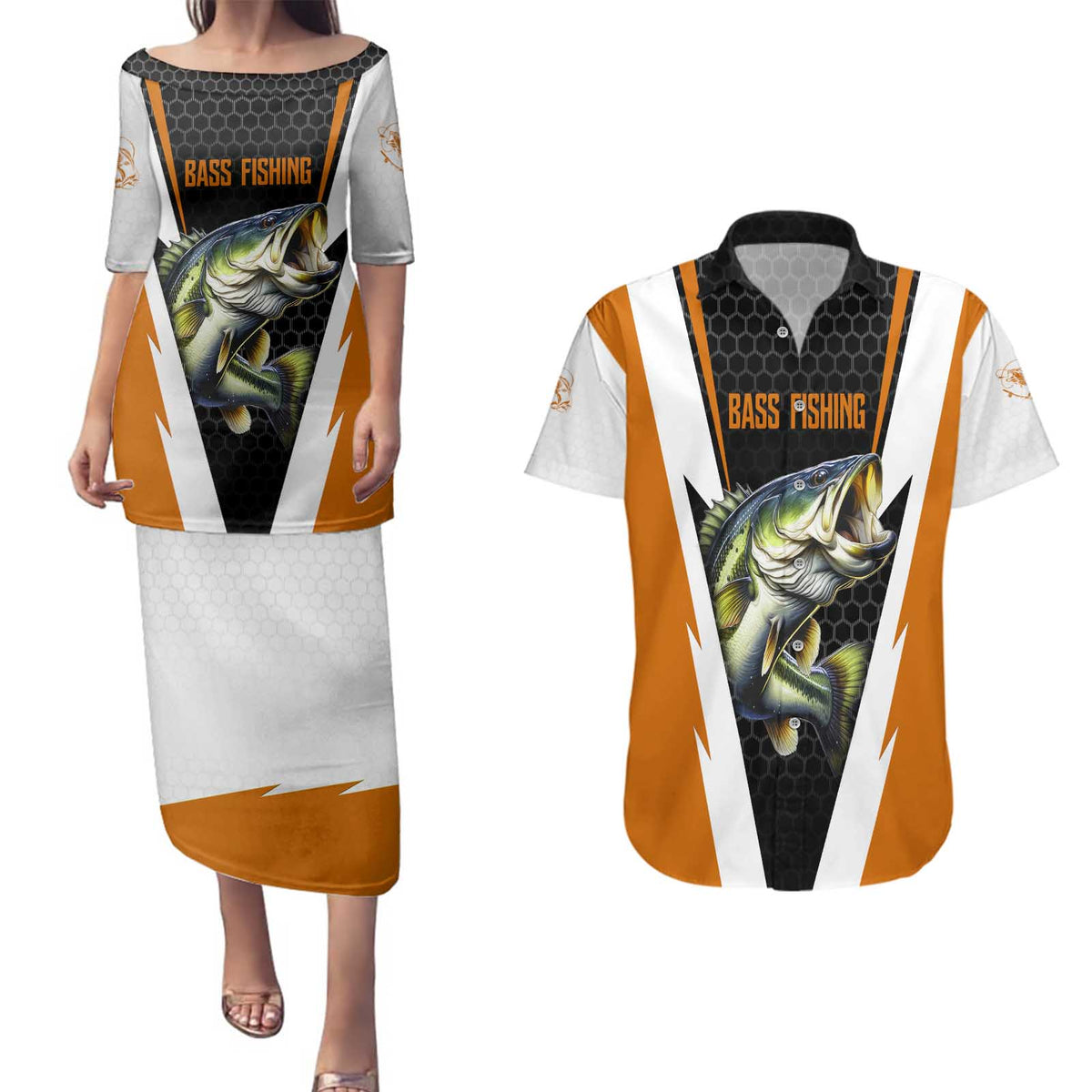 Bass Fishing Couples Matching Puletasi and Hawaiian Shirt Jumping Largemouth Fish on Black Hex Pattern and Orange White Lightning Accents - Wonder Print Shop