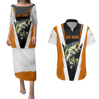 Bass Fishing Couples Matching Puletasi and Hawaiian Shirt Jumping Largemouth Fish on Black Hex Pattern and Orange White Lightning Accents - Wonder Print Shop