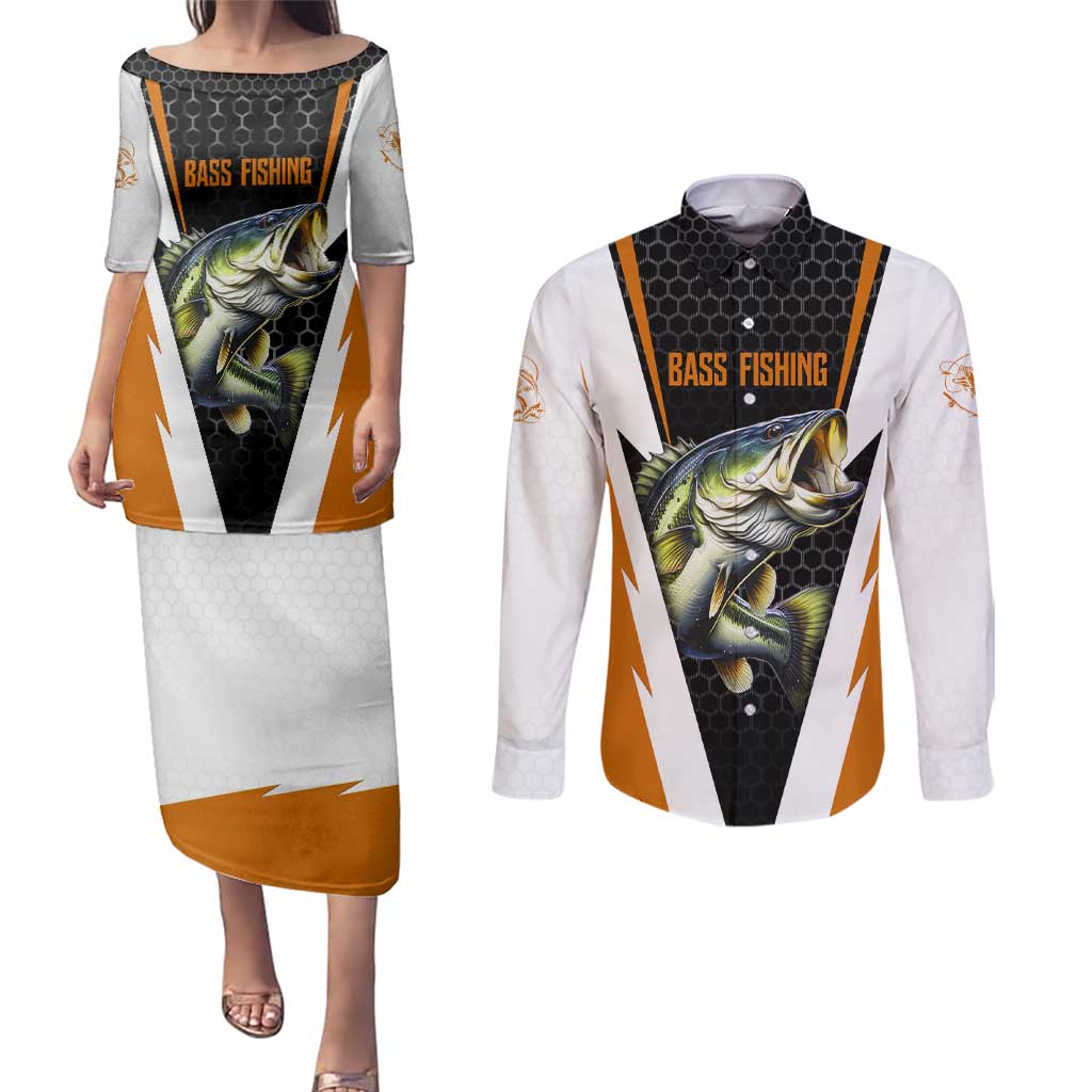 Bass Fishing Couples Matching Puletasi and Long Sleeve Button Shirt Jumping Largemouth Fish on Black Hex Pattern and Orange White Lightning Accents - Wonder Print Shop