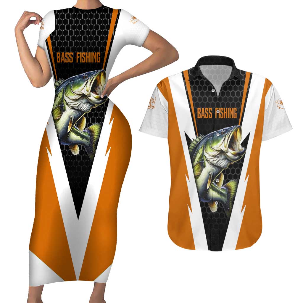 Bass Fishing Couples Matching Short Sleeve Bodycon Dress and Hawaiian Shirt Jumping Largemouth Fish on Black Hex Pattern and Orange White Lightning Accents - Wonder Print Shop