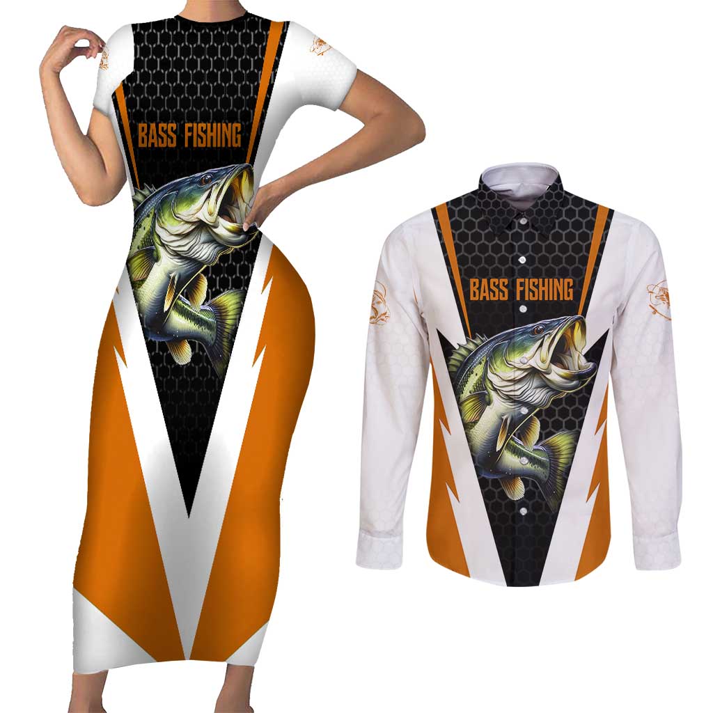 Bass Fishing Couples Matching Short Sleeve Bodycon Dress and Long Sleeve Button Shirt Jumping Largemouth Fish on Black Hex Pattern and Orange White Lightning Accents - Wonder Print Shop