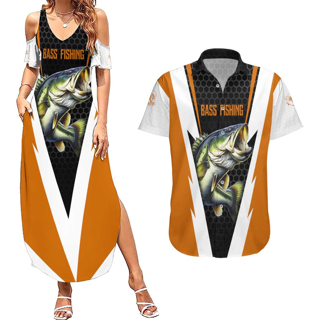 Bass Fishing Couples Matching Summer Maxi Dress and Hawaiian Shirt Jumping Largemouth Fish on Black Hex Pattern and Orange White Lightning Accents - Wonder Print Shop