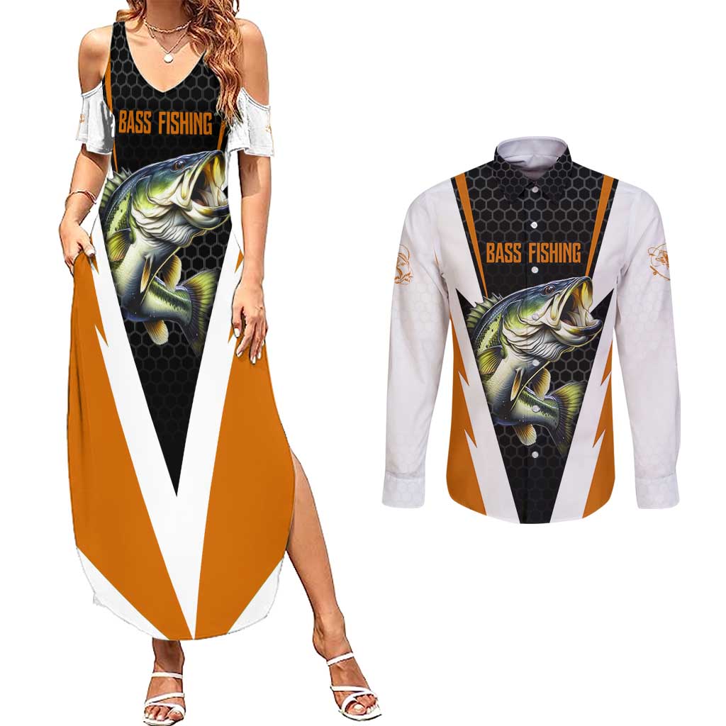 Bass Fishing Couples Matching Summer Maxi Dress and Long Sleeve Button Shirt Jumping Largemouth Fish on Black Hex Pattern and Orange White Lightning Accents - Wonder Print Shop