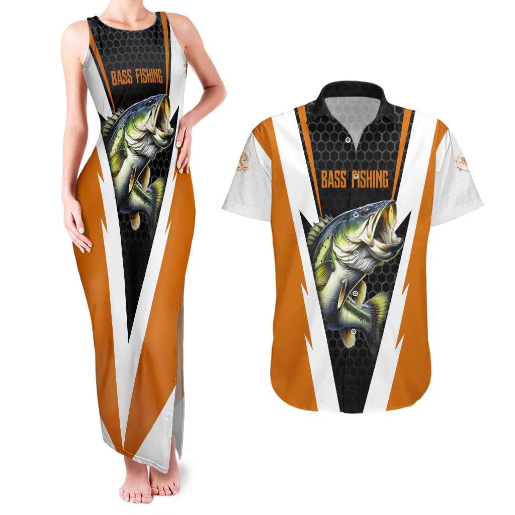 Bass Fishing Couples Matching Tank Maxi Dress and Hawaiian Shirt Jumping Largemouth Fish on Black Hex Pattern and Orange White Lightning Accents - Wonder Print Shop