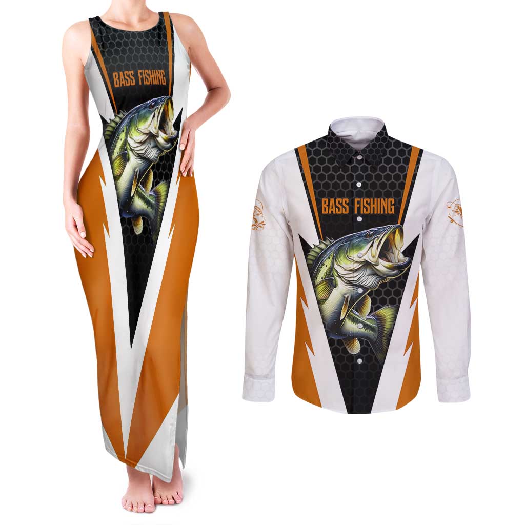 Bass Fishing Couples Matching Tank Maxi Dress and Long Sleeve Button Shirt Jumping Largemouth Fish on Black Hex Pattern and Orange White Lightning Accents - Wonder Print Shop