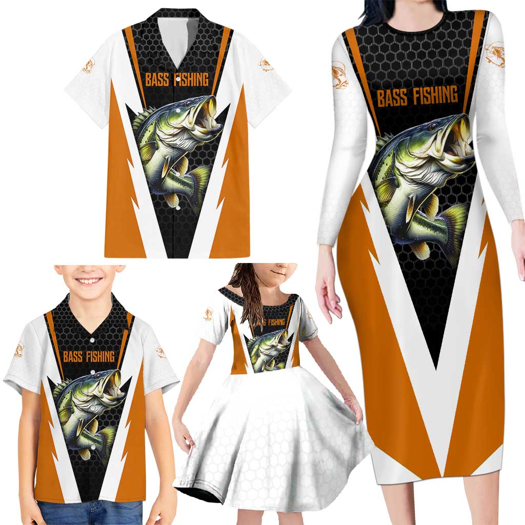 Bass Fishing Family Matching Long Sleeve Bodycon Dress and Hawaiian Shirt Jumping Largemouth Fish on Black Hex Pattern and Orange White Lightning Accents - Wonder Print Shop