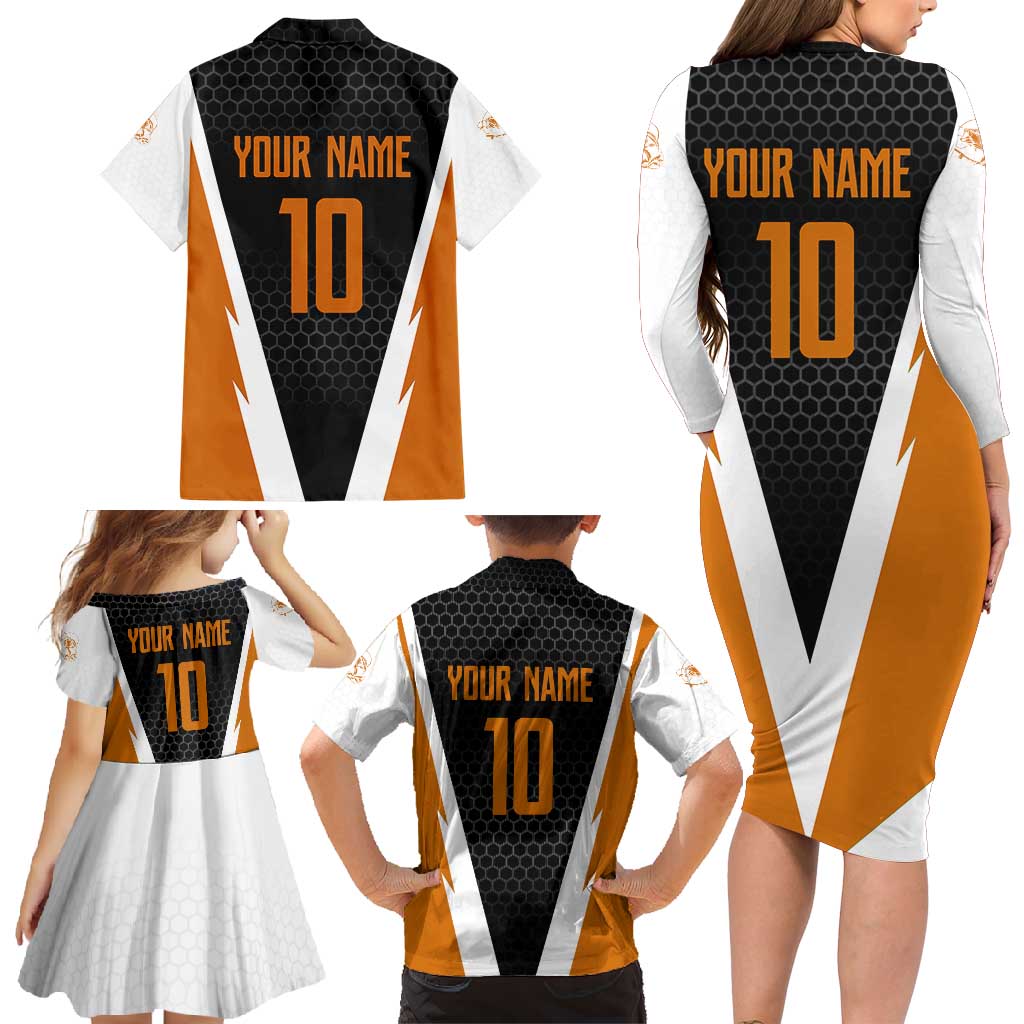 Bass Fishing Family Matching Long Sleeve Bodycon Dress and Hawaiian Shirt Jumping Largemouth Fish on Black Hex Pattern and Orange White Lightning Accents - Wonder Print Shop