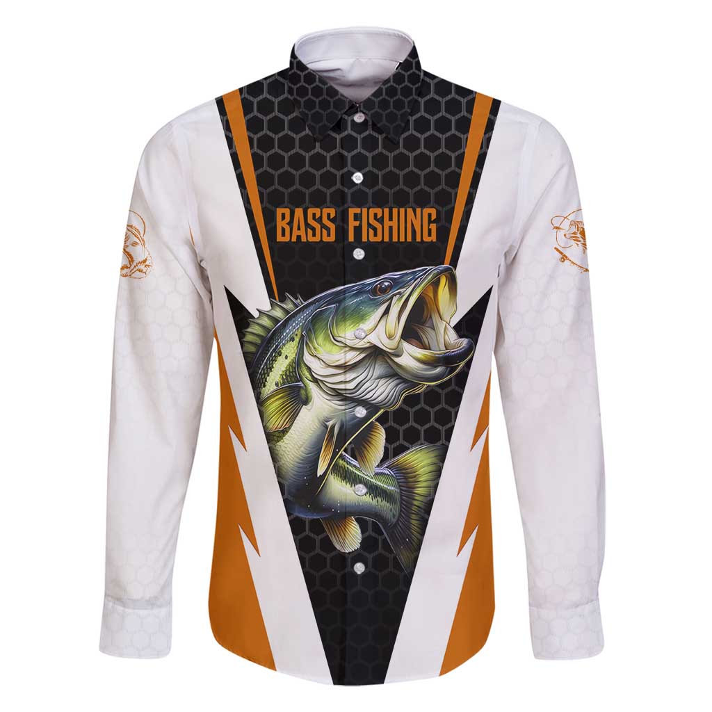 Bass Fishing Family Matching Long Sleeve Bodycon Dress and Hawaiian Shirt Jumping Largemouth Fish on Black Hex Pattern and Orange White Lightning Accents - Wonder Print Shop