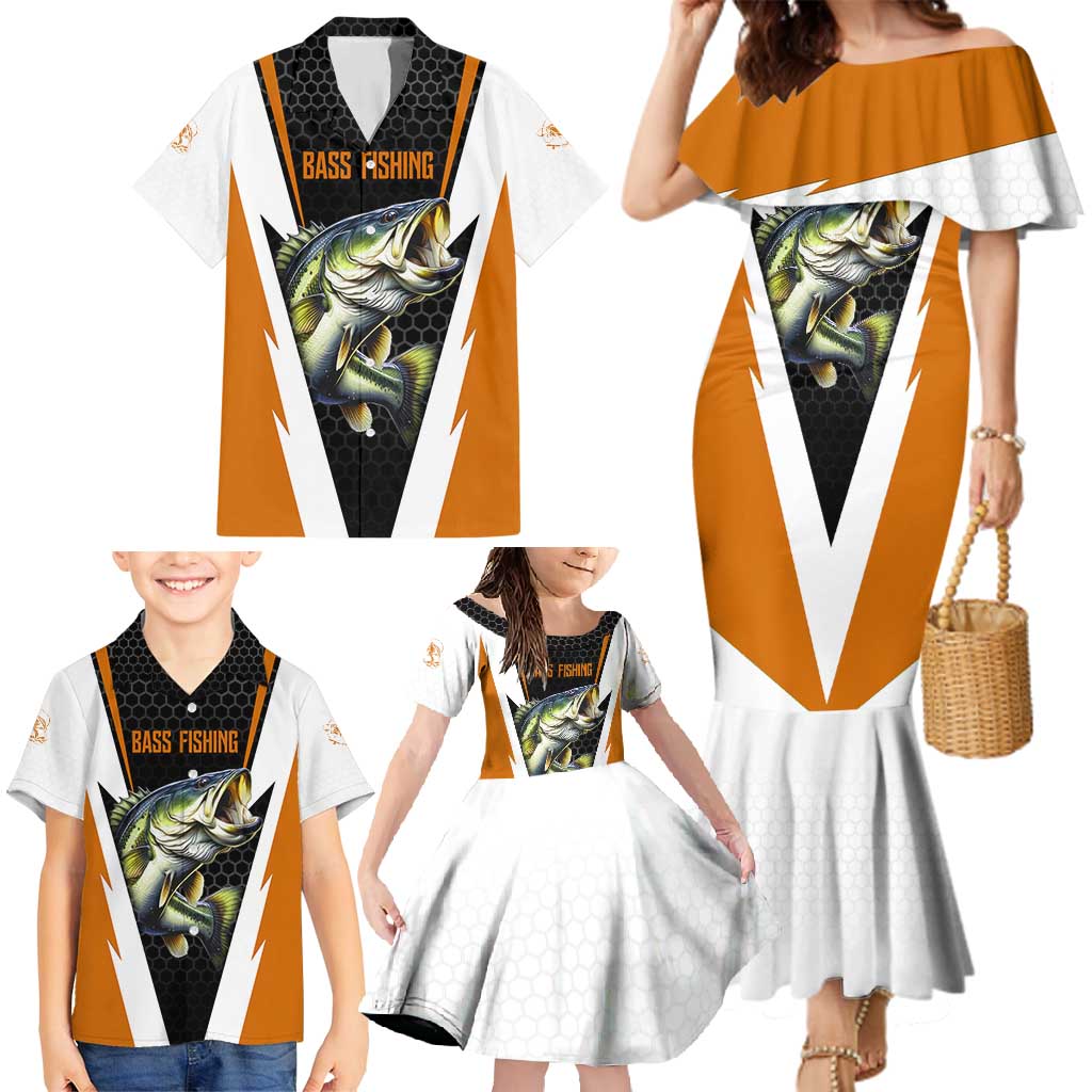 Bass Fishing Family Matching Mermaid Dress and Hawaiian Shirt Jumping Largemouth Fish on Black Hex Pattern and Orange White Lightning Accents - Wonder Print Shop