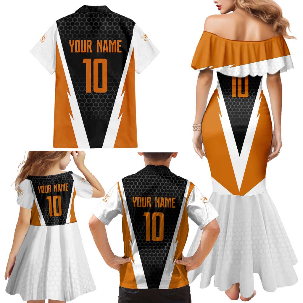 Bass Fishing Family Matching Mermaid Dress and Hawaiian Shirt Jumping Largemouth Fish on Black Hex Pattern and Orange White Lightning Accents - Wonder Print Shop