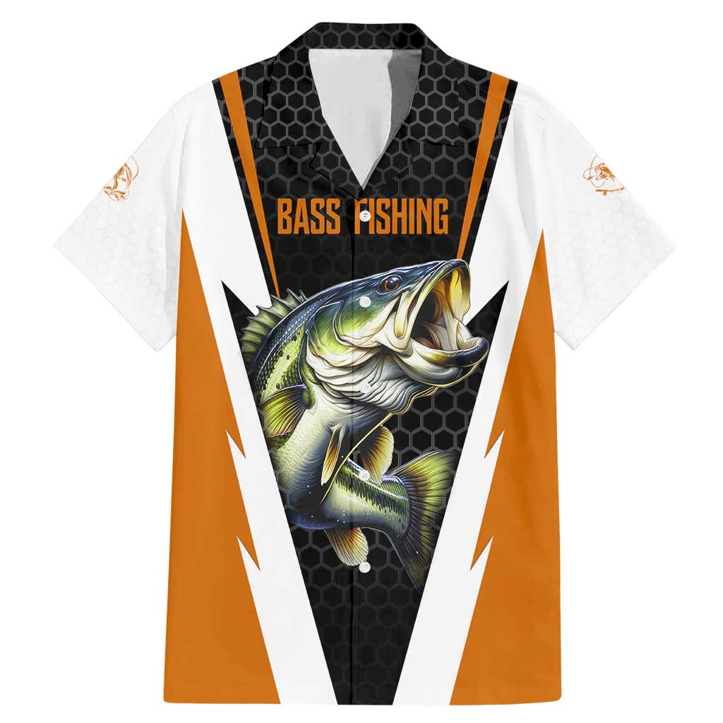 Bass Fishing Family Matching Mermaid Dress and Hawaiian Shirt Jumping Largemouth Fish on Black Hex Pattern and Orange White Lightning Accents - Wonder Print Shop