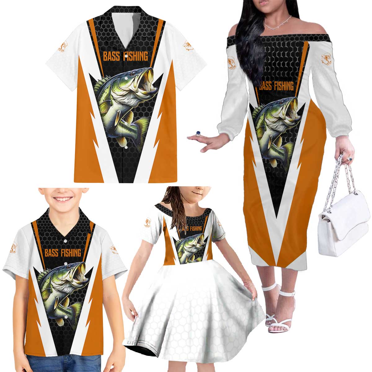 Bass Fishing Family Matching Off The Shoulder Long Sleeve Dress and Hawaiian Shirt Jumping Largemouth Fish on Black Hex Pattern and Orange White Lightning Accents - Wonder Print Shop