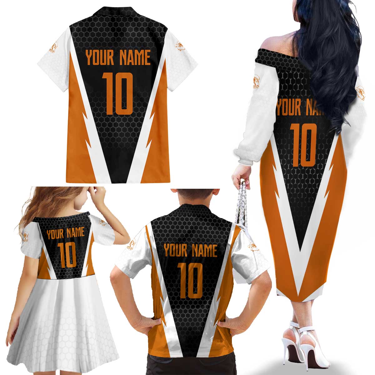 Bass Fishing Family Matching Off The Shoulder Long Sleeve Dress and Hawaiian Shirt Jumping Largemouth Fish on Black Hex Pattern and Orange White Lightning Accents - Wonder Print Shop