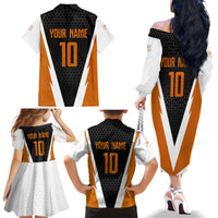 Bass Fishing Family Matching Off The Shoulder Long Sleeve Dress and Hawaiian Shirt Jumping Largemouth Fish on Black Hex Pattern and Orange White Lightning Accents - Wonder Print Shop