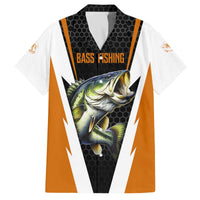 Bass Fishing Family Matching Off The Shoulder Long Sleeve Dress and Hawaiian Shirt Jumping Largemouth Fish on Black Hex Pattern and Orange White Lightning Accents - Wonder Print Shop