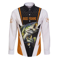 Bass Fishing Family Matching Off The Shoulder Long Sleeve Dress and Hawaiian Shirt Jumping Largemouth Fish on Black Hex Pattern and Orange White Lightning Accents - Wonder Print Shop