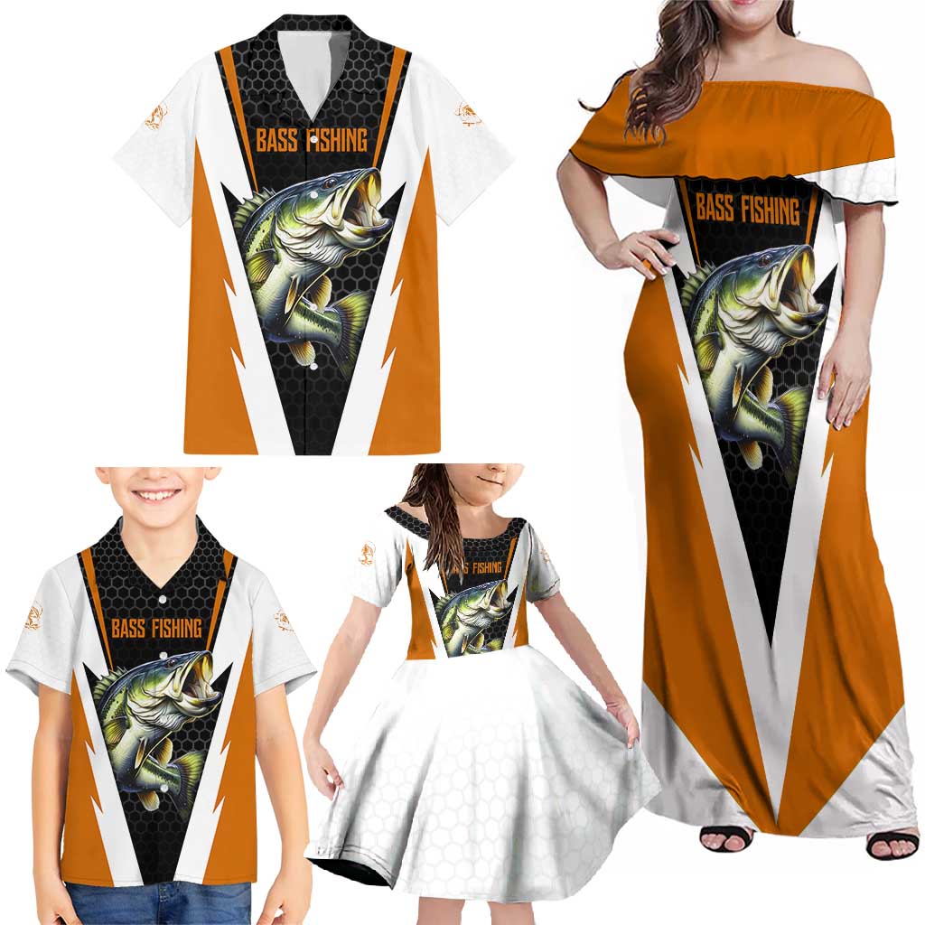 Bass Fishing Family Matching Off Shoulder Maxi Dress and Hawaiian Shirt Jumping Largemouth Fish on Black Hex Pattern and Orange White Lightning Accents - Wonder Print Shop