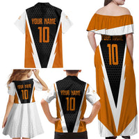 Bass Fishing Family Matching Off Shoulder Maxi Dress and Hawaiian Shirt Jumping Largemouth Fish on Black Hex Pattern and Orange White Lightning Accents - Wonder Print Shop