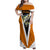 Bass Fishing Family Matching Off Shoulder Maxi Dress and Hawaiian Shirt Jumping Largemouth Fish on Black Hex Pattern and Orange White Lightning Accents - Wonder Print Shop